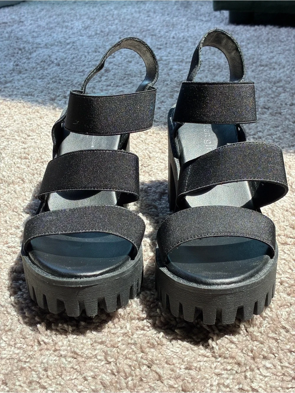 Black Lug Sole Chunky Platform Sandals with Wide Elastic Straps Size 8.5
